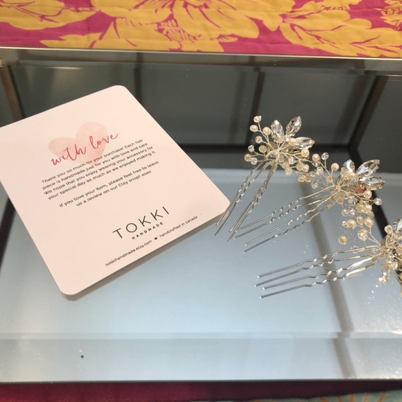 TOKKIHandmade  Pearl, Bead & Crystal Bridal Hair Pins- Silver - Set of 3 - Picture 5 of 6